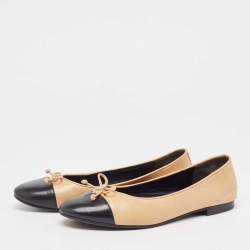 Pre Owned Tory Burch Beige/Black Leather Bow Ballet Flats Size 39