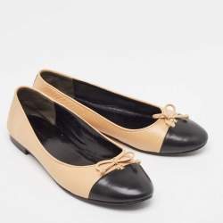 Pre Owned Tory Burch Beige/Black Leather Bow Ballet Flats Size 39
