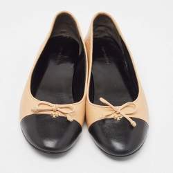 Pre Owned Tory Burch Beige/Black Leather Bow Ballet Flats Size 39