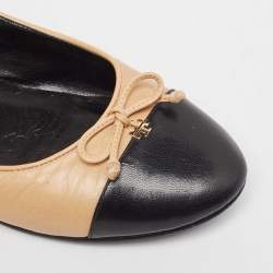 Pre Owned Tory Burch Beige/Black Leather Bow Ballet Flats Size 39