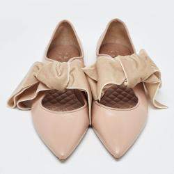 Tory Burch Pink/Beige Leather and Velvet Clara Pointed Toe Ballet Flats Size 39.5