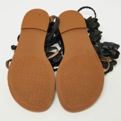 Tory Burch Black Leather Blossom Floral Embellished Flat Gladiator Sandals Size 37