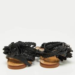 Tory Burch Black Leather Blossom Floral Embellished Flat Gladiator Sandals Size 37