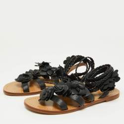 Tory Burch Black Leather Blossom Floral Embellished Flat Gladiator Sandals Size 37