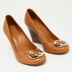 Pre Owned Tory Burch Tan Leather Sally Wedge Pumps Size 36
