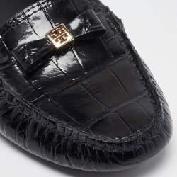 Pre Owned Tory Burch Navy Blue Croc Embossed Patent Leather Ludlow Loafers Size 39.5