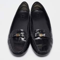 Pre Owned Tory Burch Navy Blue Croc Embossed Patent Leather Ludlow Loafers Size 39.5