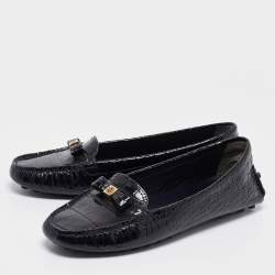 Pre Owned Tory Burch Navy Blue Croc Embossed Patent Leather Ludlow Loafers Size 39.5