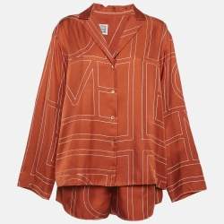 Toteme Brown Embroidered Silk Shirt and Shorts Set S