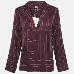 Pre Owned Toteme Burgundy Monogram Embroidery Satin Silk Pajama Shirt L