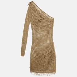 Pre Owned Tularosa Tan Crochet One Shoulder Peek A Boo Mini Dress L