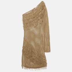 Pre Owned  Tularosa Tan Crochet One Shoulder Peek A Boo Mini Dress L