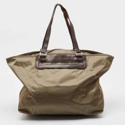 Tumi Khaki Green/Brown Leather and Nylon Packaway Shopper Tote