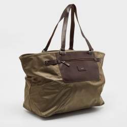 Tumi Khaki Green/Brown Leather and Nylon Packaway Shopper Tote