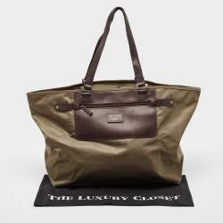 Tumi Khaki Green/Brown Leather and Nylon Packaway Shopper Tote