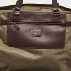 Tumi Khaki Green/Brown Leather and Nylon Packaway Shopper Tote