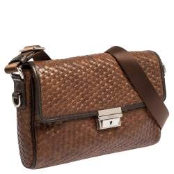 Pre Owned TUMI Brown/Black Woven Leather Flap Crossbody Bag