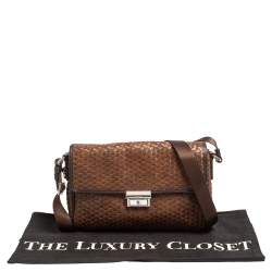 Pre Owned TUMI Brown/Black Woven Leather Flap Crossbody Bag