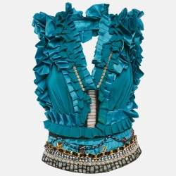Tuvanam Blue Crepe Embellished and Ruffled Top M