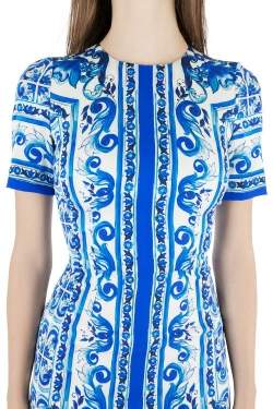 Pre Owned فستان دولتشي أند غابانا حرير ماجوليس أزرق وأبيض مطبوع مجسم S