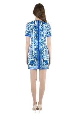 Pre Owned فستان دولتشي أند غابانا حرير ماجوليس أزرق وأبيض مطبوع مجسم S