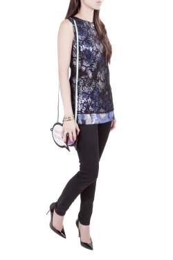 Vera Wang Collection Multicolor Lurex Jacquard Floral Lace Overlay Sleeveless Top M