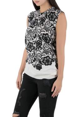 Pre Owned Dolce & Gabbana Monochrome Lace Print Wool Sleeveless Top L