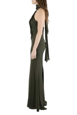 Pre Owned Valentino Olive Green Silk Ruffled Neck Halter Maxi Dress S