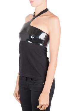 Pre Owned Versace Black Faux Leather Belted Halter Neck Top S