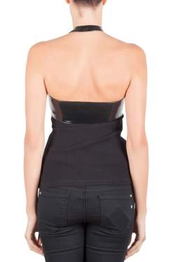 Pre Owned Versace Black Faux Leather Belted Halter Neck Top S