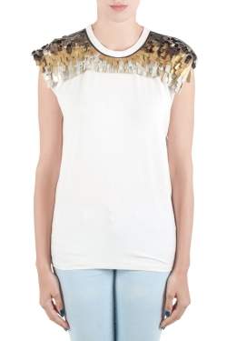 Vionnet Off White Jersey  Embellished Yoke Detail Sleeveless T-Shirt L