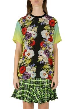 Versace Multicolor Floral Print Silk Ombre Sleeve Detail Crew Neck T Shirt M