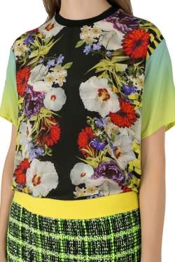 Versace Multicolor Floral Print Silk Ombre Sleeve Detail Crew Neck T Shirt M