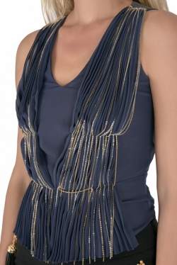 Pre Owned Philosophy Blue Silk Gathered Pleat Front Metal Chain Detail Sleeveless Top S