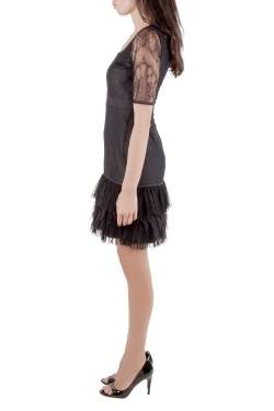 Marchesa Notte Black Lace Ruffle Tiered Hem Feather Insert Cocktail Dress M