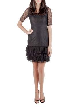 Marchesa Notte Black Lace Ruffle Tiered Hem Feather Insert Cocktail Dress M