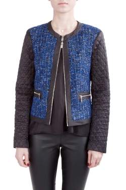Michael  Kors Blue and Black Tweed Quilted Sleeve Detail Zip Front Jacket S