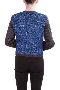Michael  Kors Blue and Black Tweed Quilted Sleeve Detail Zip Front Jacket S