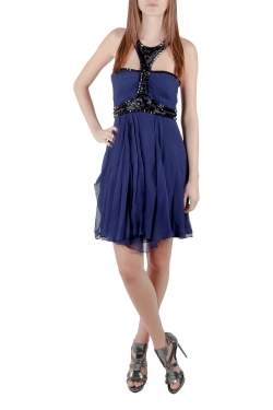 Pre Owned Temperley London Blue Plisse Silk Embellished Strapless Mini Dress M