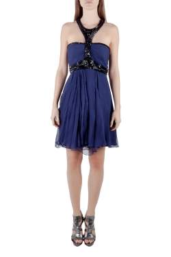 Pre Owned Temperley London Blue Plisse Silk Embellished Strapless Mini Dress M