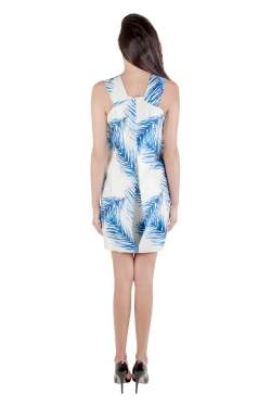 Pre Owned Tory Burch White and Blue Baltic Sea Feather Printed Silk Sleeveless Dress M