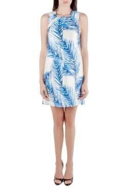 Pre Owned Tory Burch White and Blue Baltic Sea Feather Printed Silk Sleeveless Dress M