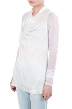 Vera Wang Collection Cream Silk Satin Cowl Neck Mesh Sleeve Blouse XS