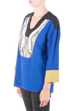 Pre Owned تونيك إيترو حرير كتل لونية مزخرفة بأكمام طويلة M