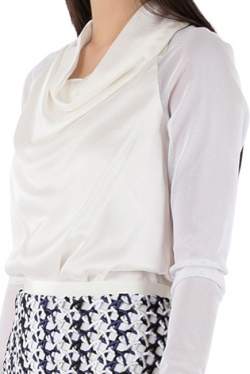 Vera Wang Collection Cream Silk Satin Cowl Neck Mesh Sleeve Blouse S