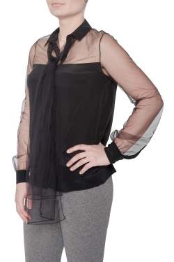 Jason Wu Black Silk Sheer Tulle Trim Bow Tie Concealed Button Front Shirt S