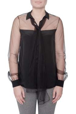 Jason Wu Black Silk Sheer Tulle Trim Bow Tie Concealed Button Front Shirt S