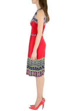 Pre Owned Etro Red Abstract Print Stretch Knit Ruched Front Sleeveless Midi Dress M
