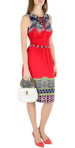 Pre Owned Etro Red Abstract Print Stretch Knit Ruched Front Sleeveless Midi Dress M