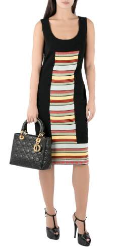 Pre Owned Fendi Black Rib Knit Multicolor Stripe Paneled Sleeveless Sheath Dress M